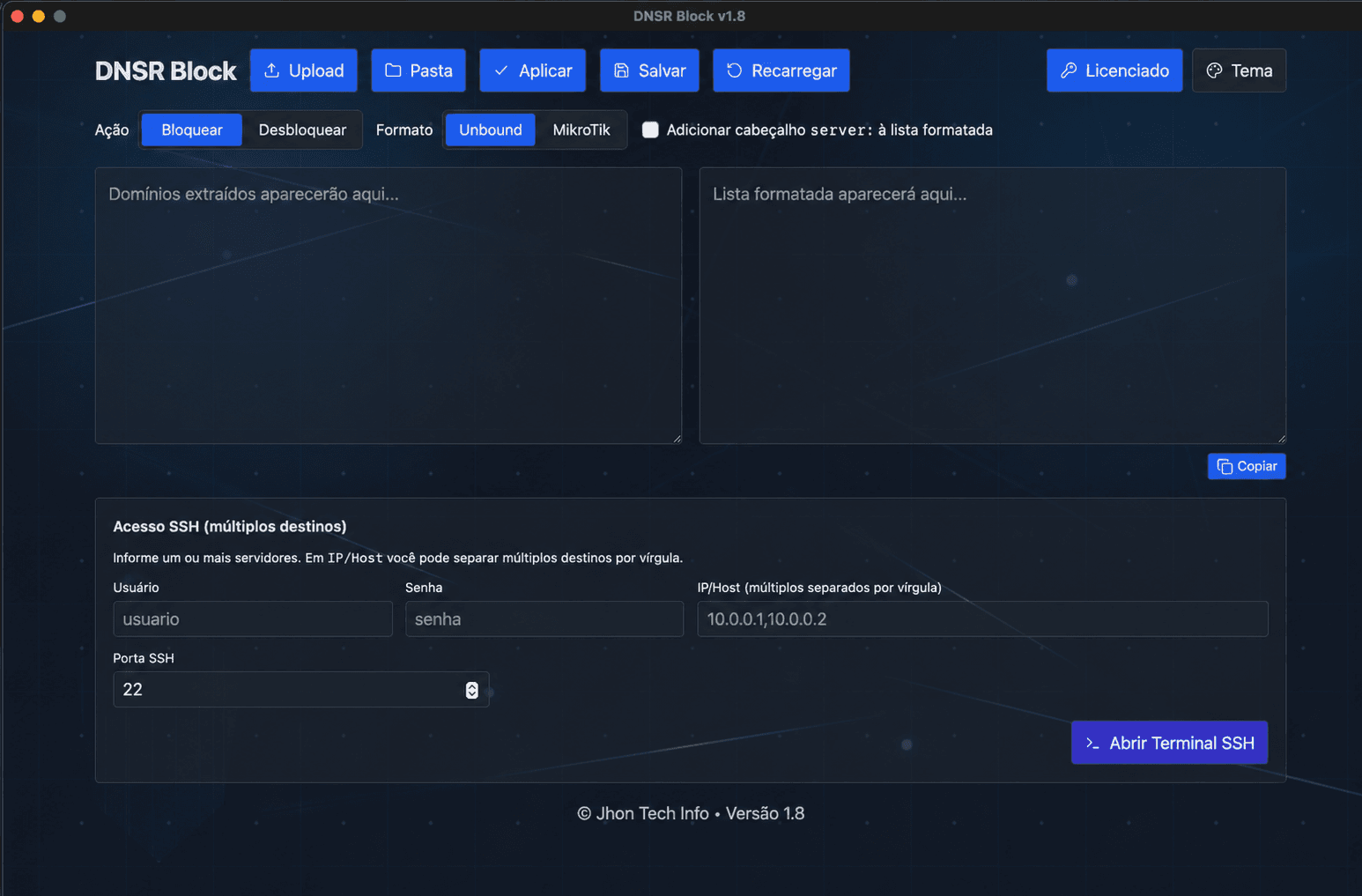 Interface real do DNSR Block 1.8 com importação de arquivos, formatação de domínios e acesso SSH
